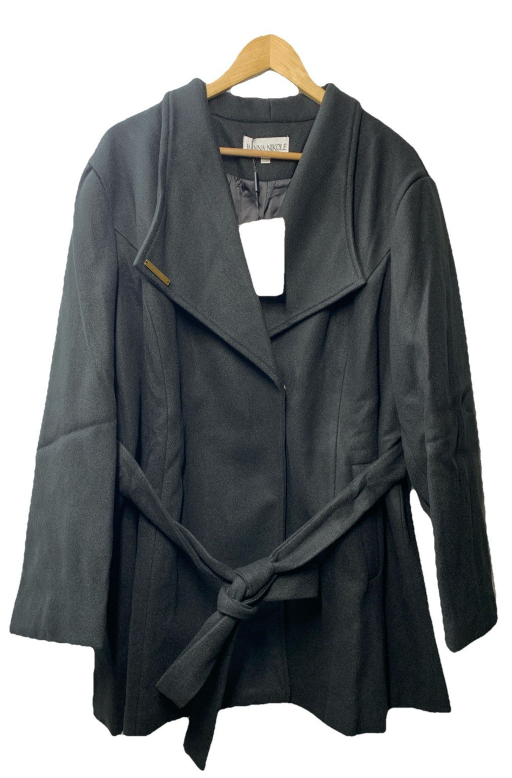 Hanna Nikole Women’s Wool Pea Coat Double-Breasted Belted 22W Black Long Sleeve