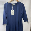 Navy blue women's A-line dress with 3/4 sleeves, loose fit, casual and formal style, by The Family Flips.