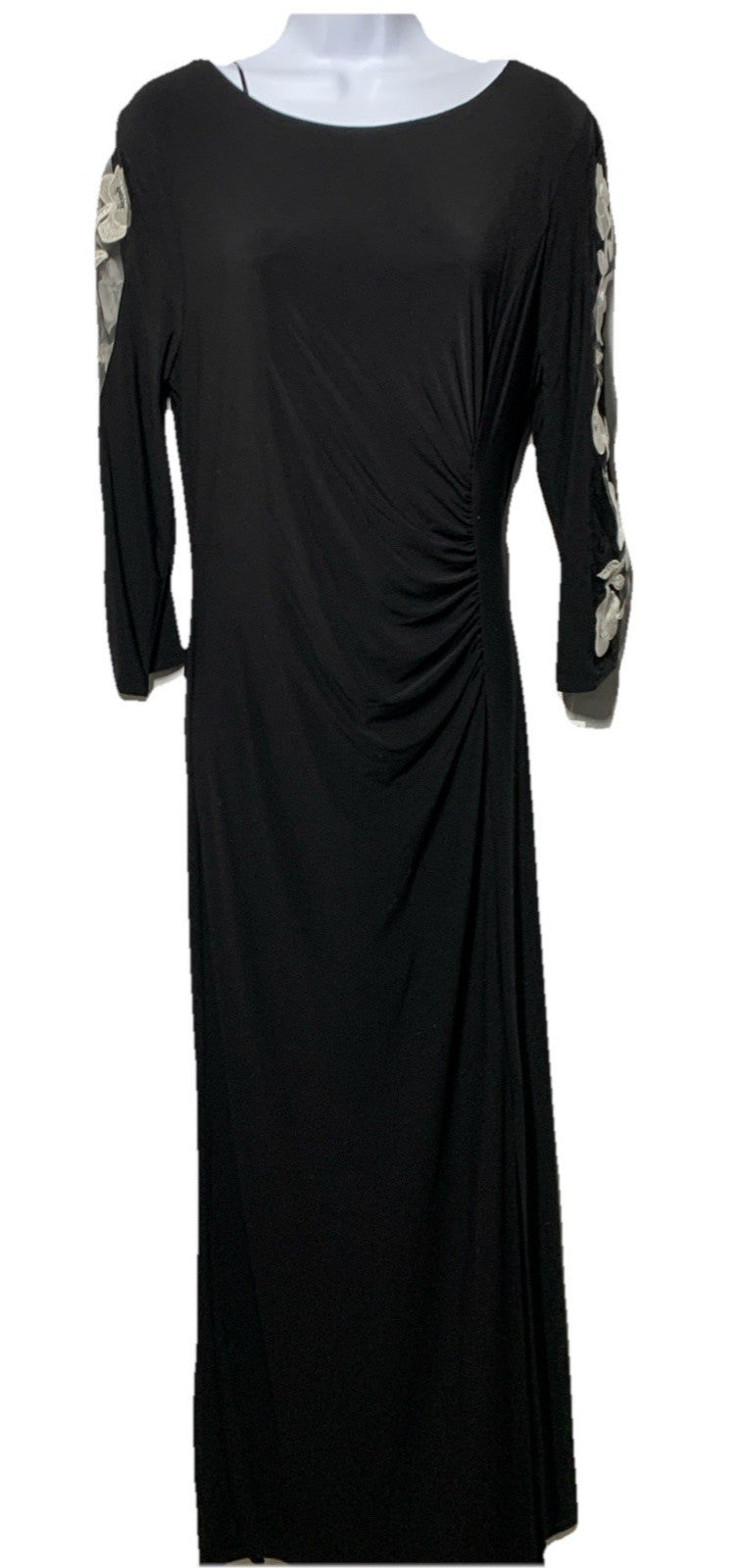 S.L. Fashions Women's Long Ruched Waist Evening Dress Beaded Illusion Sleeve 14