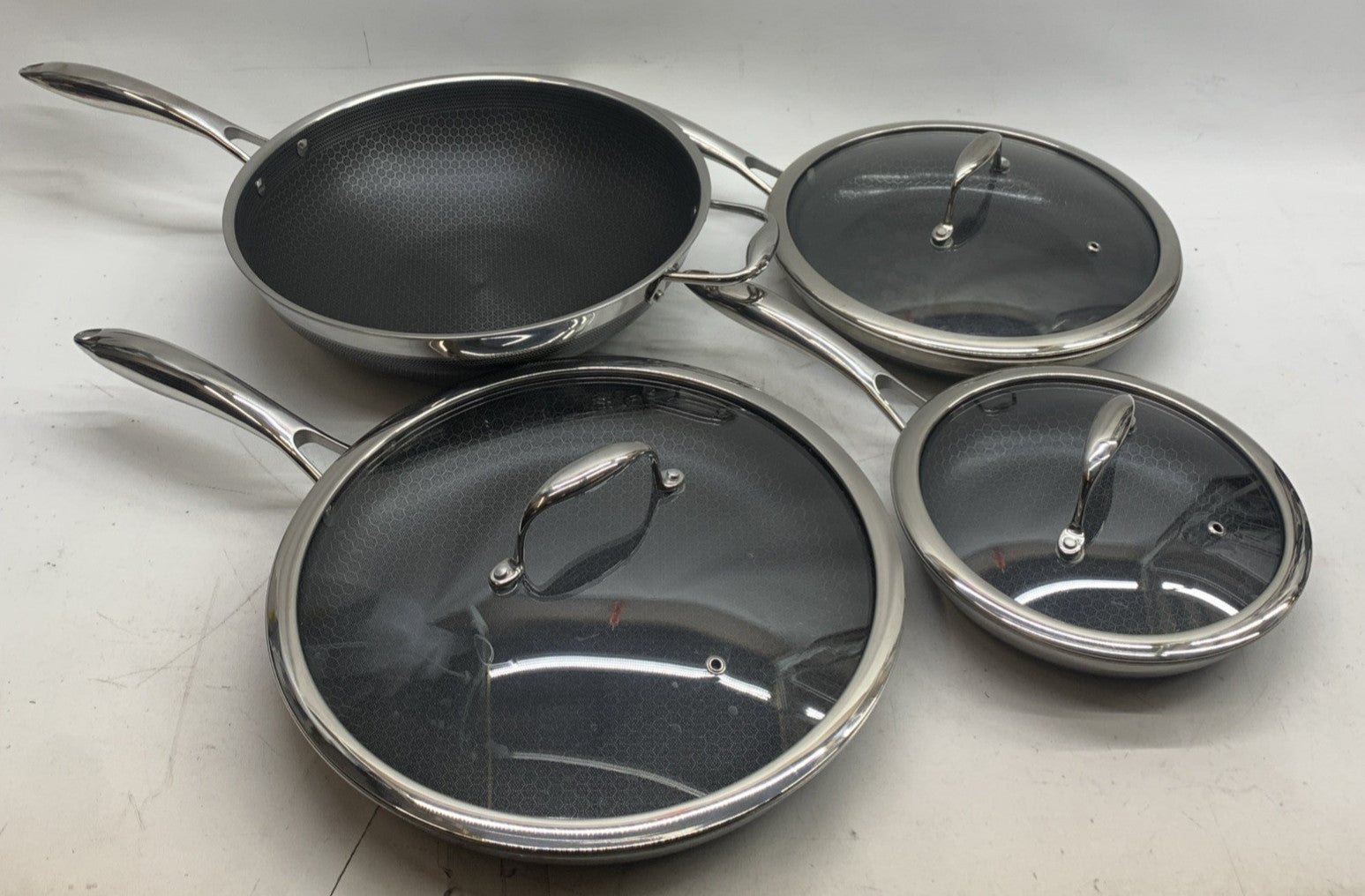 HexClad Hybrid 7-Piece Nonstick Cookware Pan Set with Cover Lid & Wok - USED