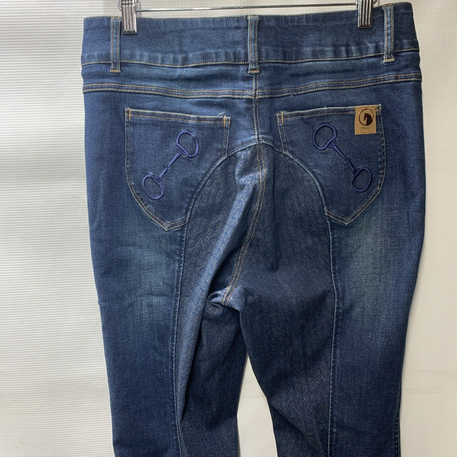 Horze Kaia Womens High Waist Denim Silicone Full Seat Breeches Dark Blue Size 32