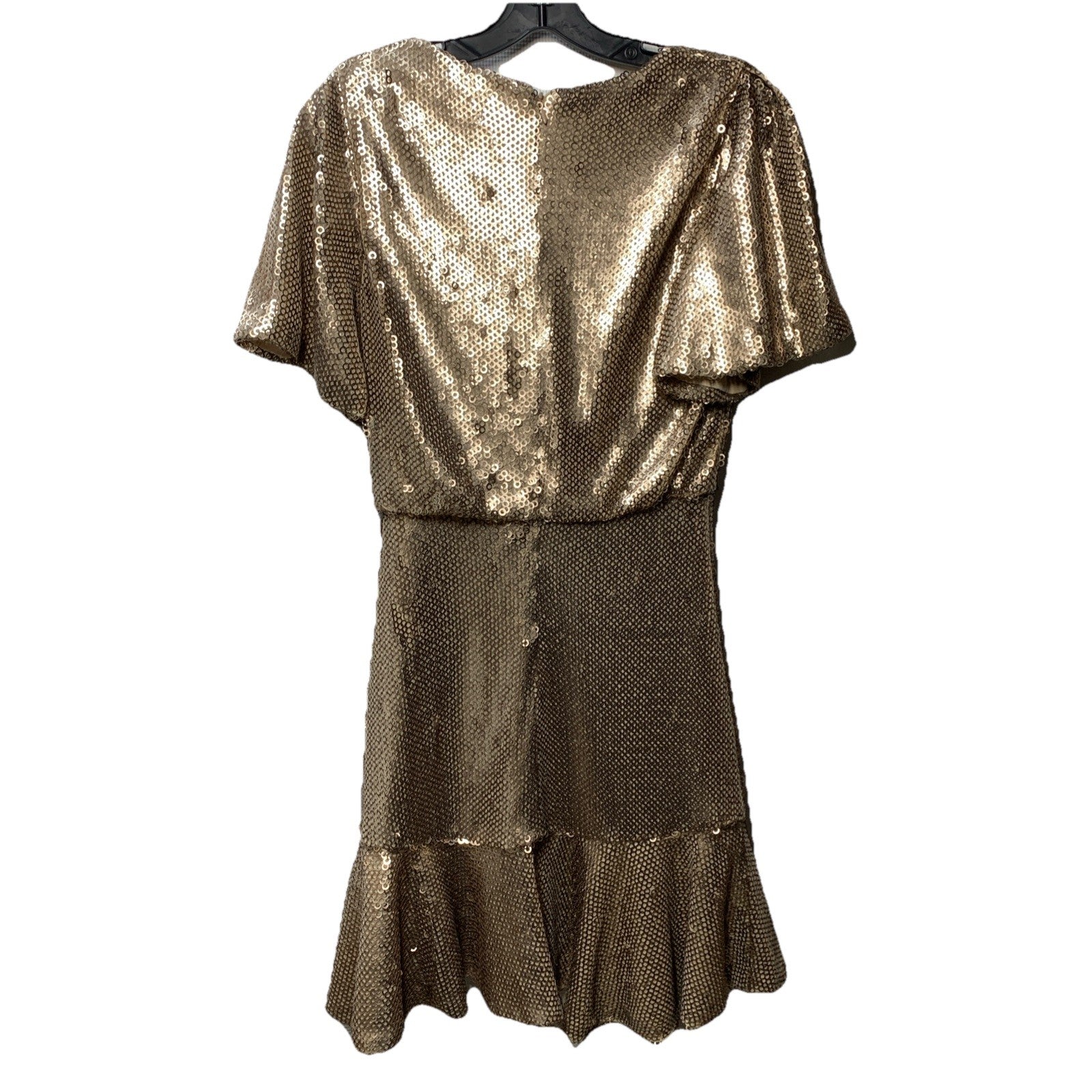 MONIQUE LHUILLIER ML Gold Sequin Embellished Flounce Dress Size 2 Short Sleeve