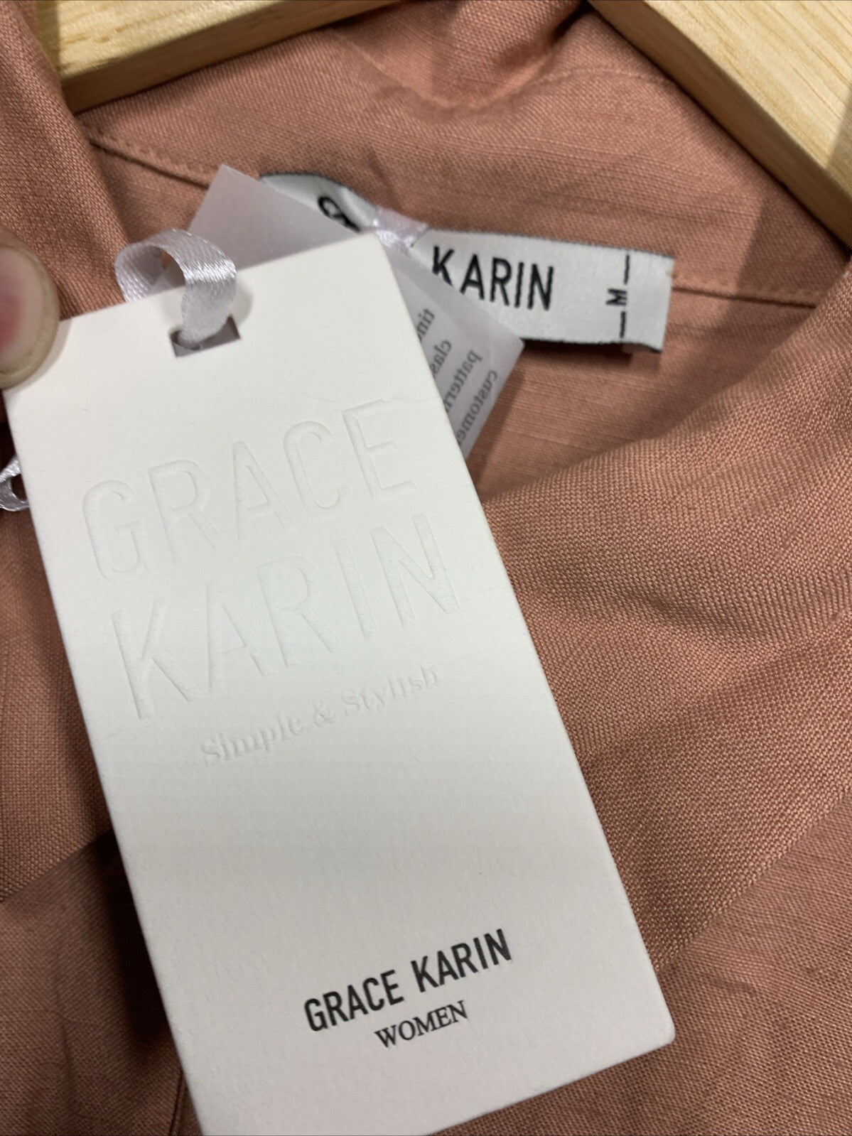 GRACE KARIN Linen Dress Tie Front Button Up Collared Short Sleeve M Short Sleeve