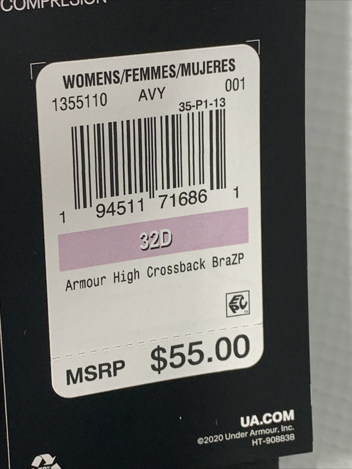 Armour High Crossback Zip Sports Bra Black Jet Gray Front Zip 1355110 Size 32D