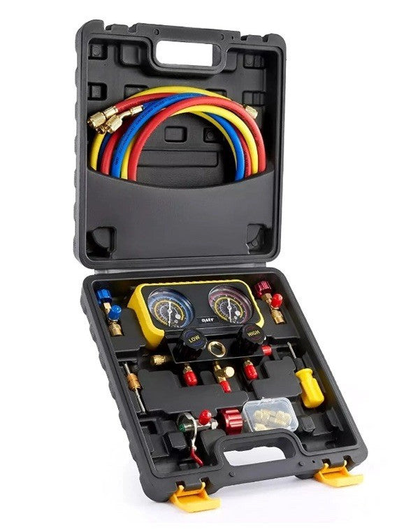 HVAC AC Manifold Gauge Set Recharge R410A R22 Refrigerant Safety Valves Hose