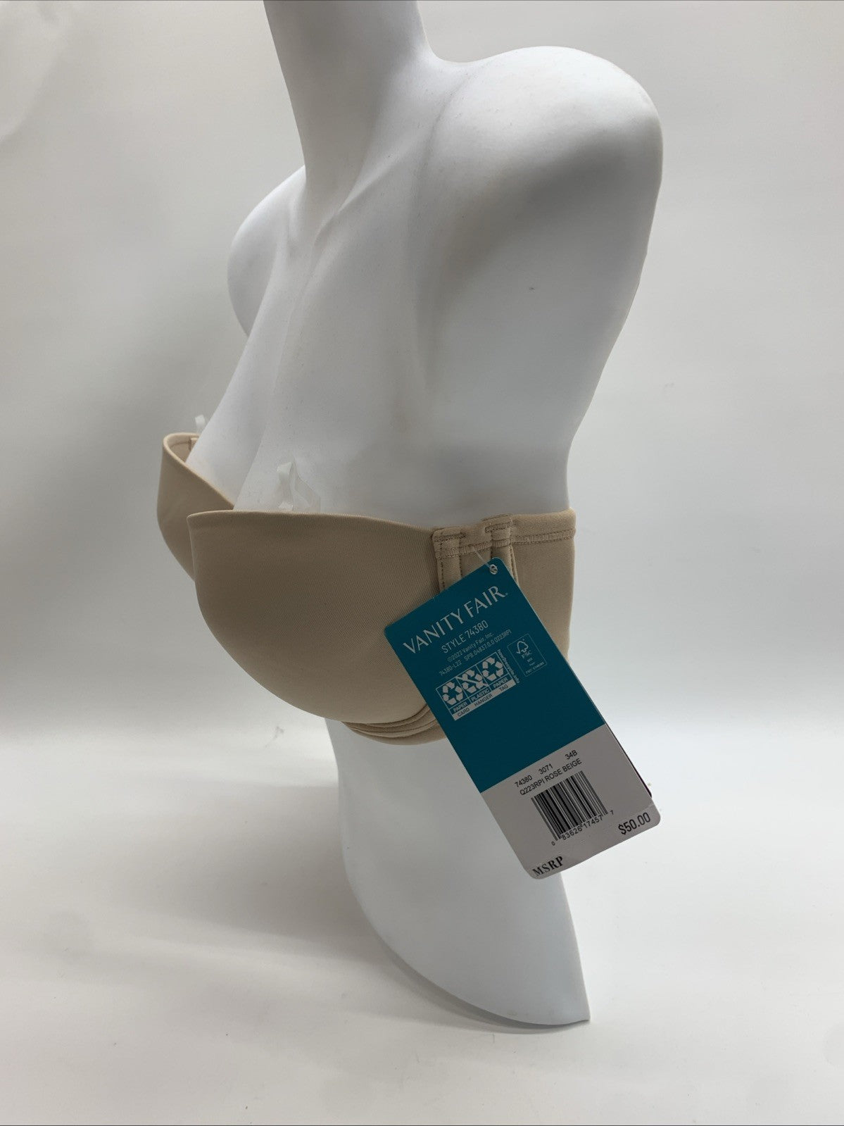 Vanity Fair Beauty Back Strapless Bra 74380 34B Beige Lightly Lined 4-Way Stretc