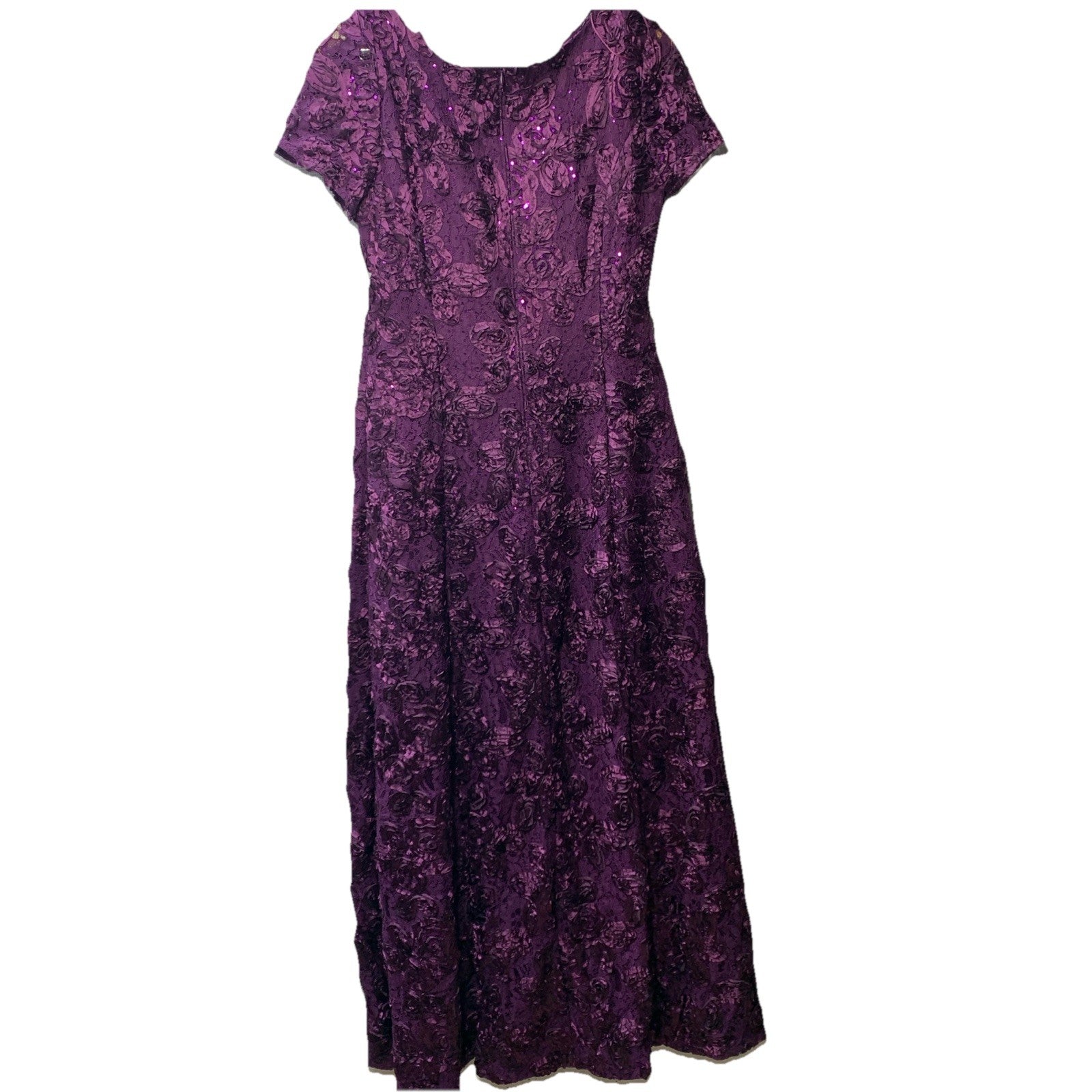 Alex Evenings Women's Long Rosette Lace Cap Short Sleeve Gown Elegant Size 12