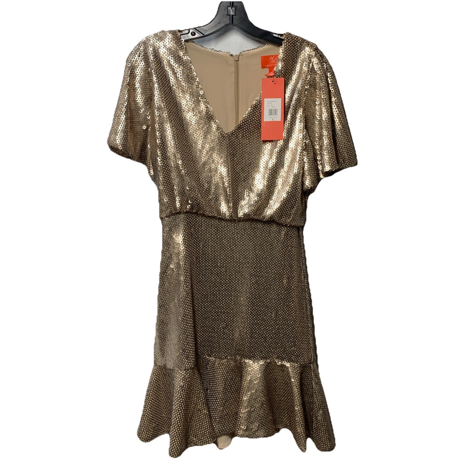 MONIQUE LHUILLIER ML Gold Sequin Embellished Flounce Dress Size 2 Short Sleeve