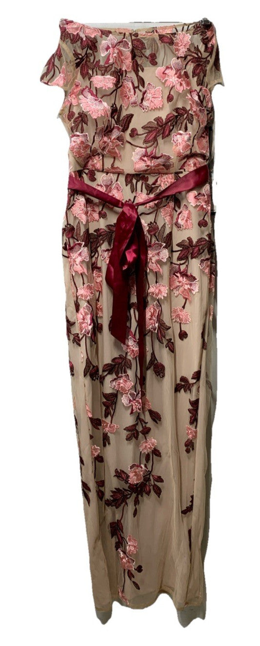 Adrianna Papell Women's Floral Cascading Floral Column Gown Short Sleeve Size 8