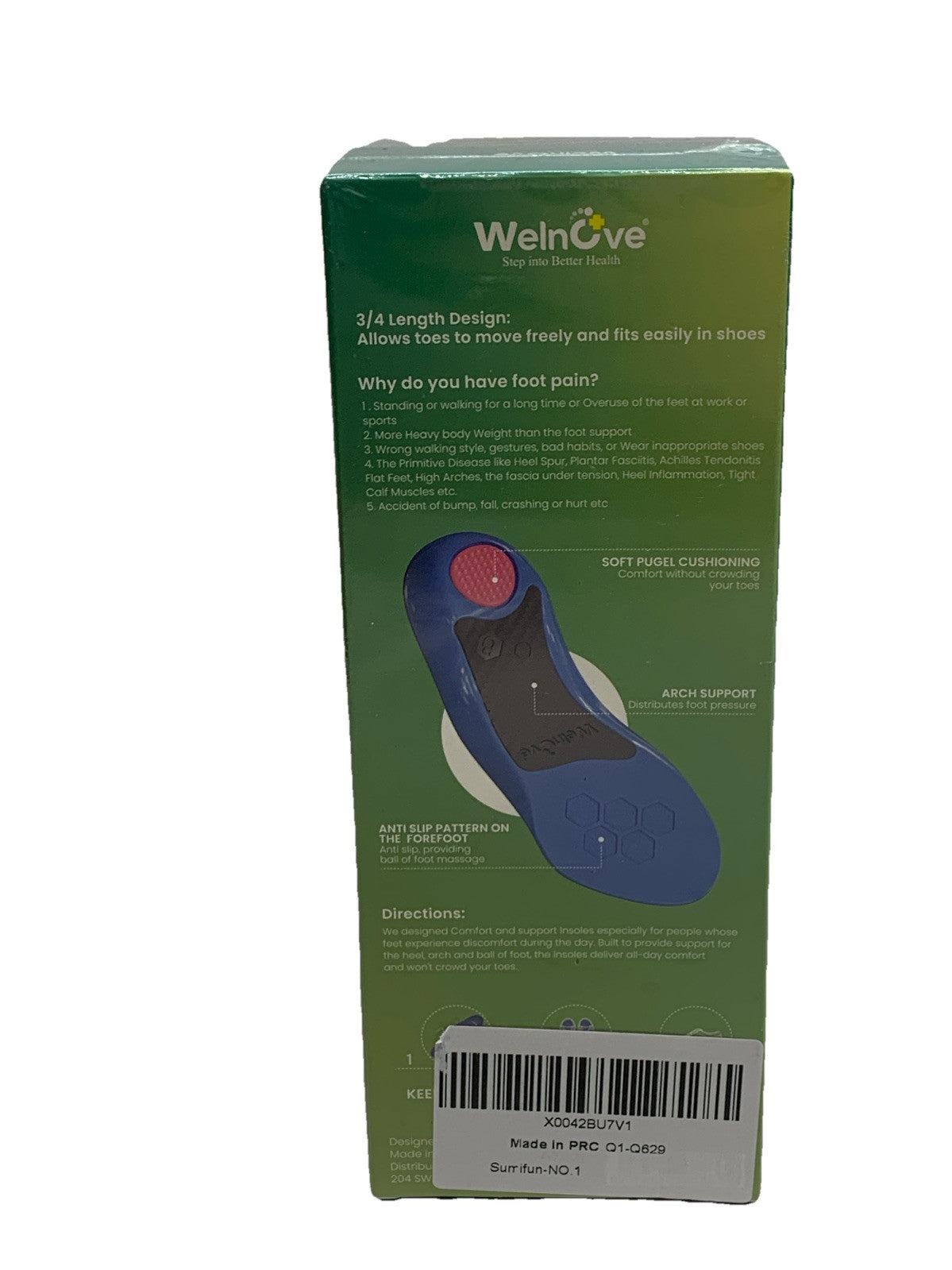 Heel Insoles Inserts for Foot Heel Pain Welnove Plantar Fasciitis 3/4 Arch 6-10