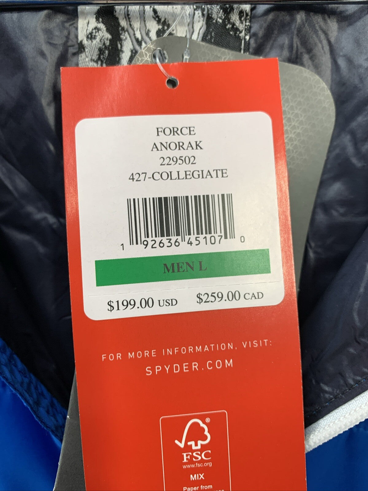 Spyder Insulated Anorak Force Ski Jacket Men's Size L Long Sleeve Blue 229502