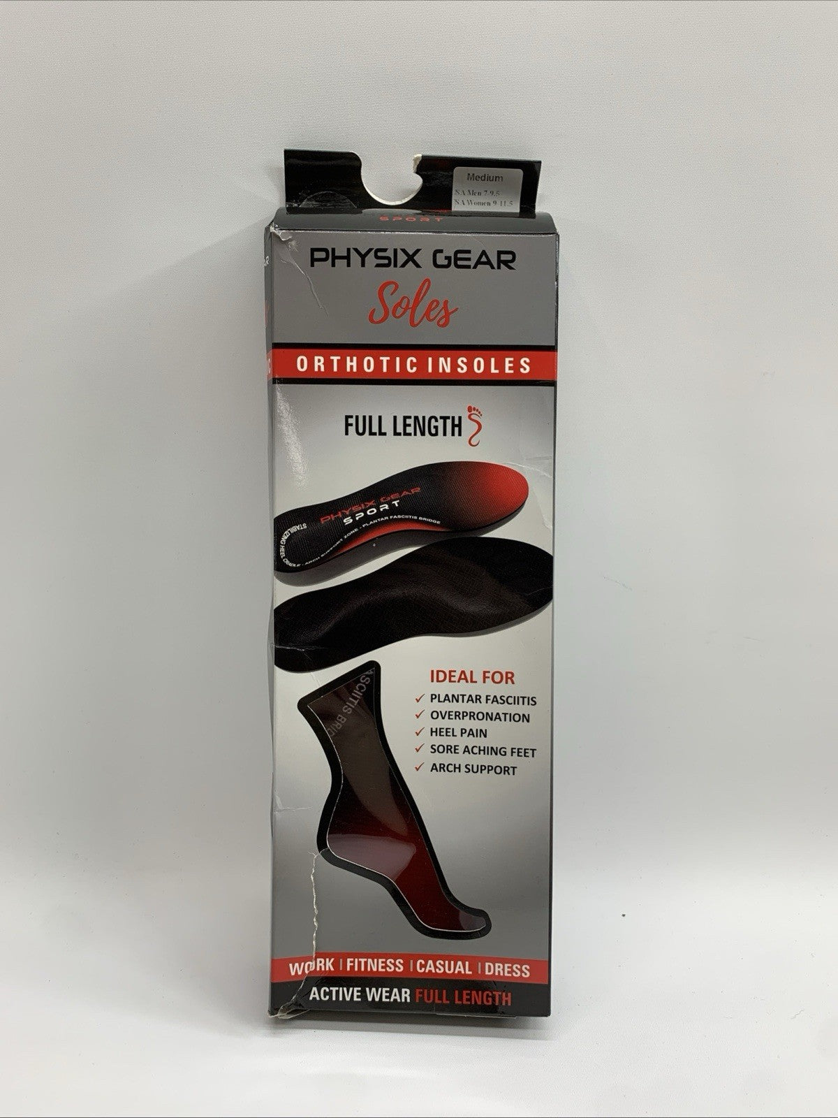 Physix Gear Sport Full Length Orthotic Soles Inserts Black/Red M7-9.5 W9-11.5