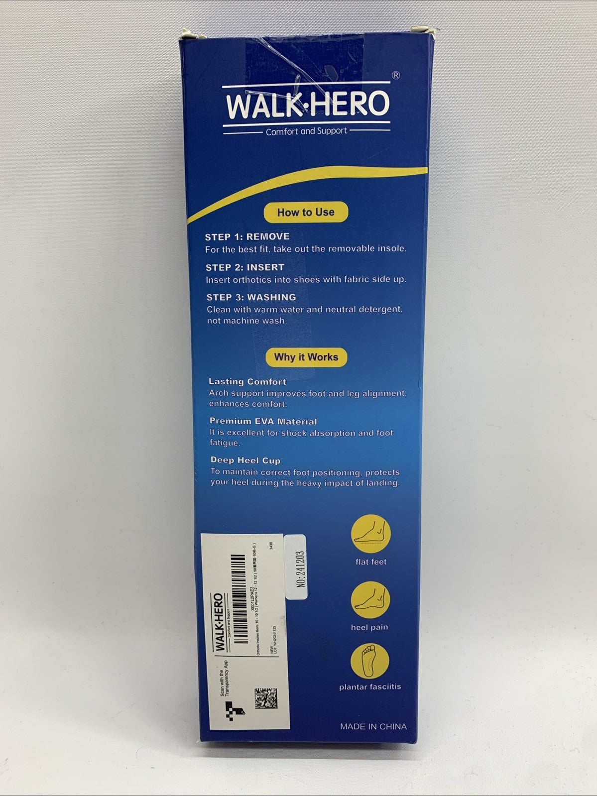 Walk Hero Plantar Fasciitis Feet Insoles Arch Supports Orthotics Men's 10-10.1/2