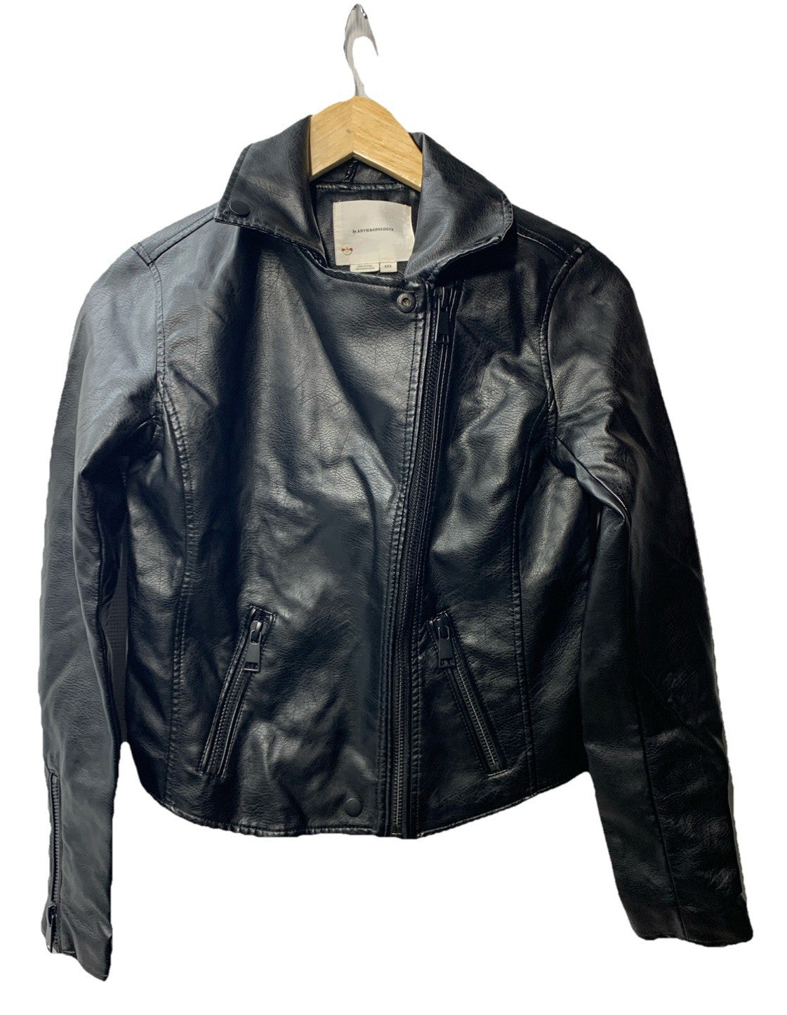 ANTHROPOLOGIE Faux Leather Moto Jacket Women's Long Sleeve with Pockets Size 2XS