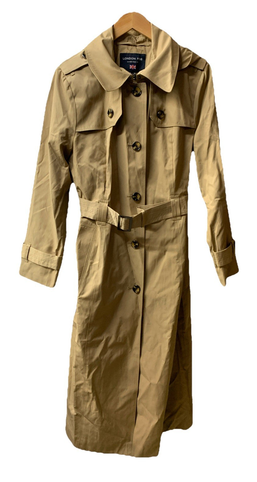 London Fog Women's British Khaki Hooded Double Breasted Trench Coat Size Large