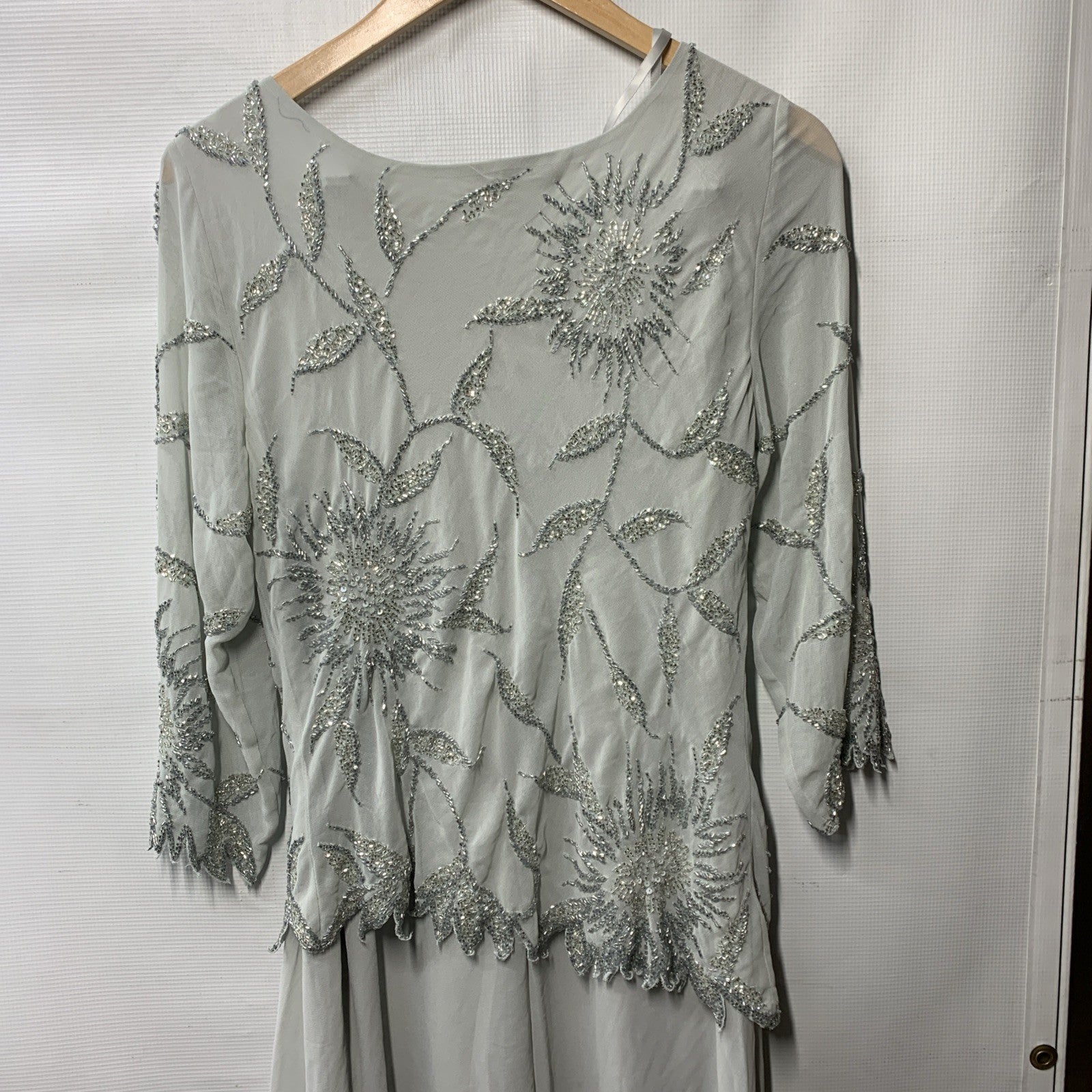 Gray women's beaded scoop neck 3/4 sleeve dress by The Family Flips, long evening dress in size 12.