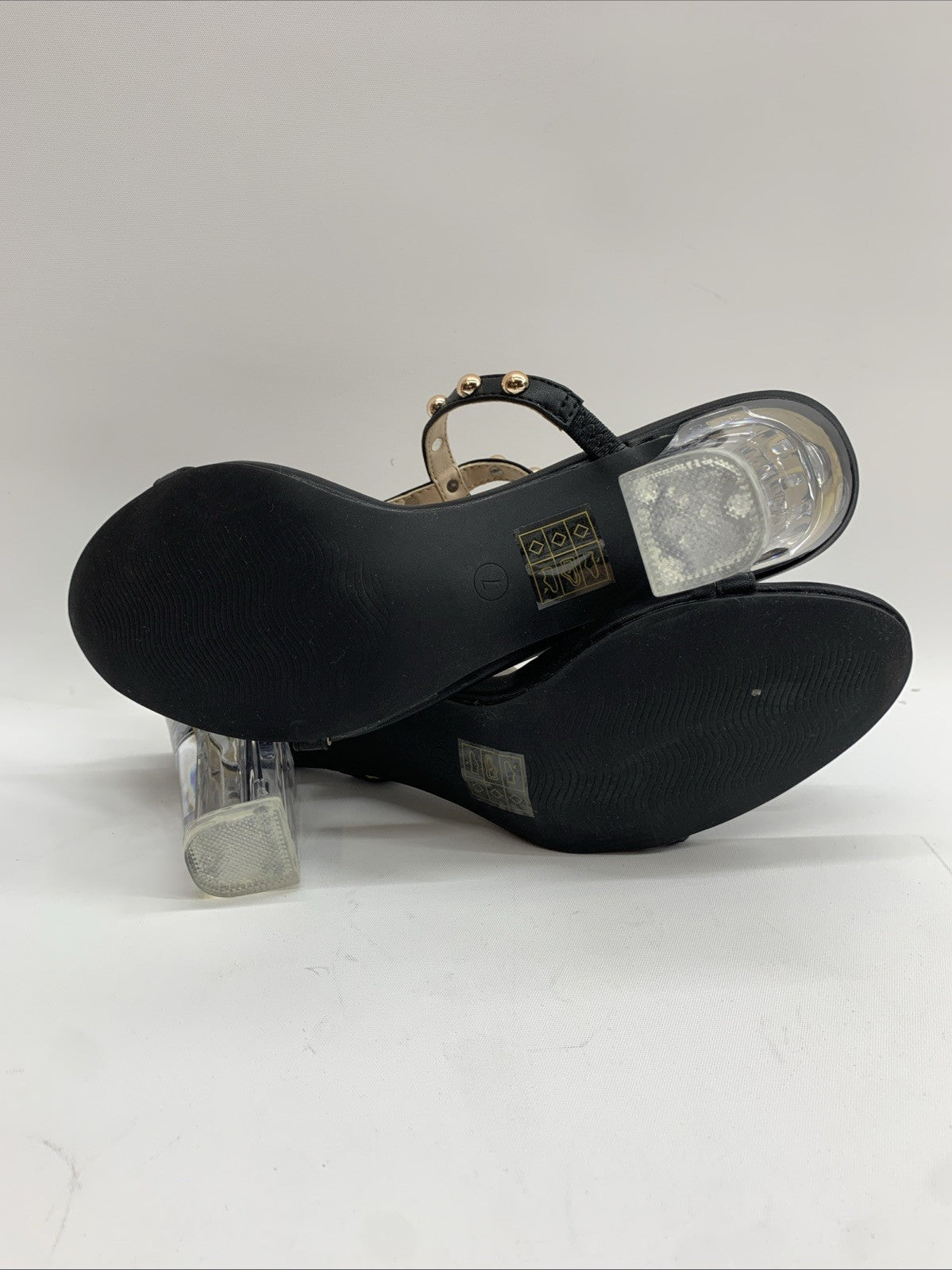Perphy Rivets Heel Slingback T-Strap Chunky Clear Heels Studded Sandal 7 Black