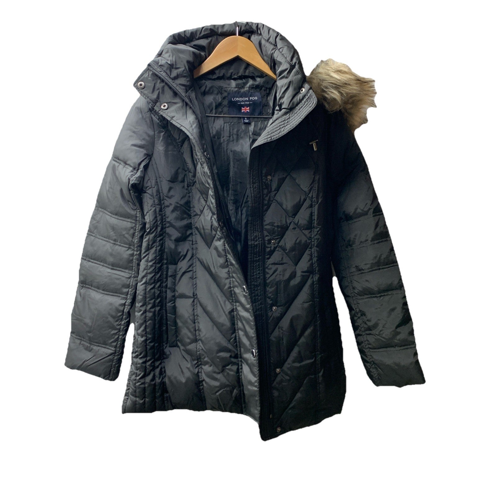 London Fog Hooded Down Puffer Jacket Coat Black Sz Small Long Sleeve L820627L93