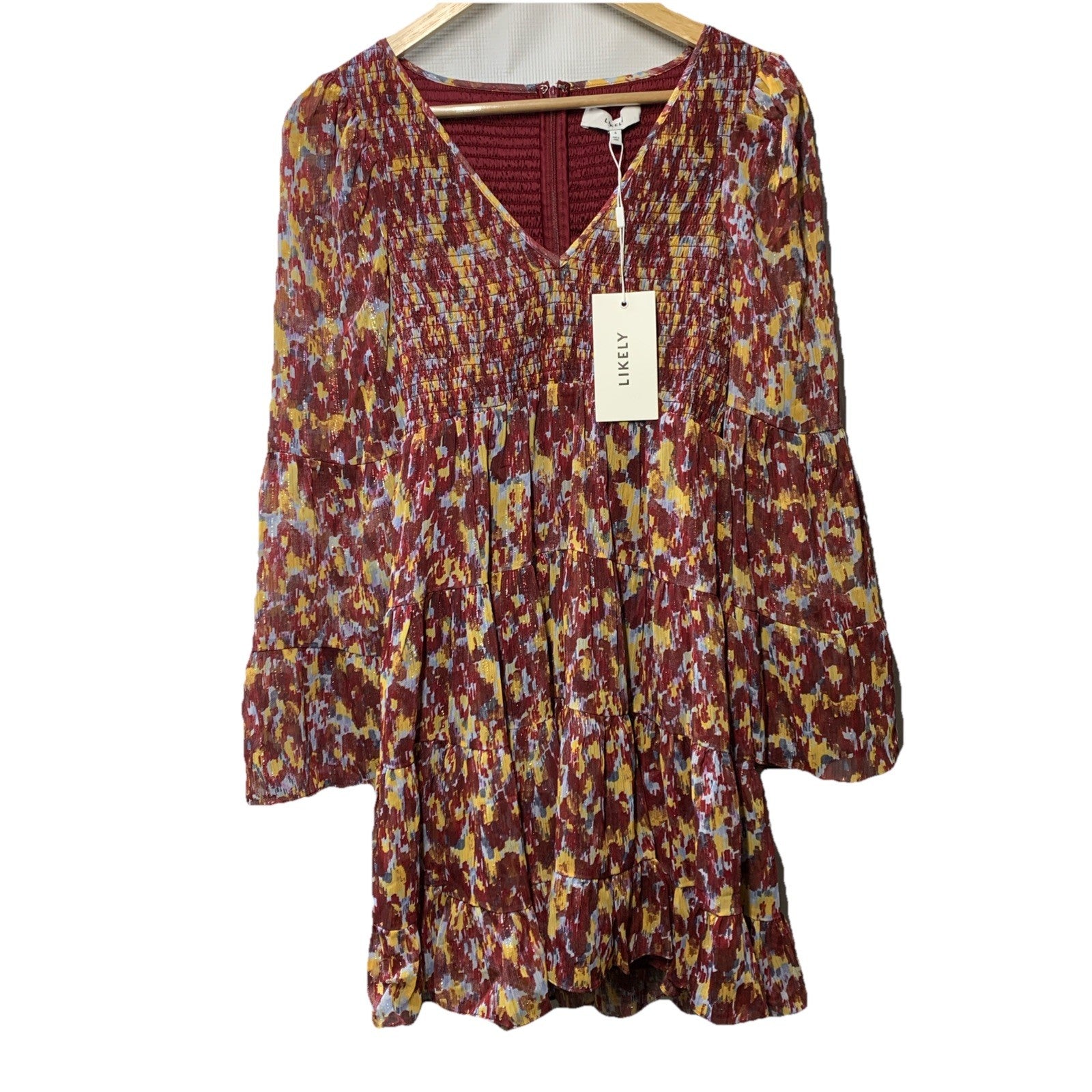 Likely Polina Mini Dress Women's Party Size 4 Red Multi Color Lon Sleeve V-neck