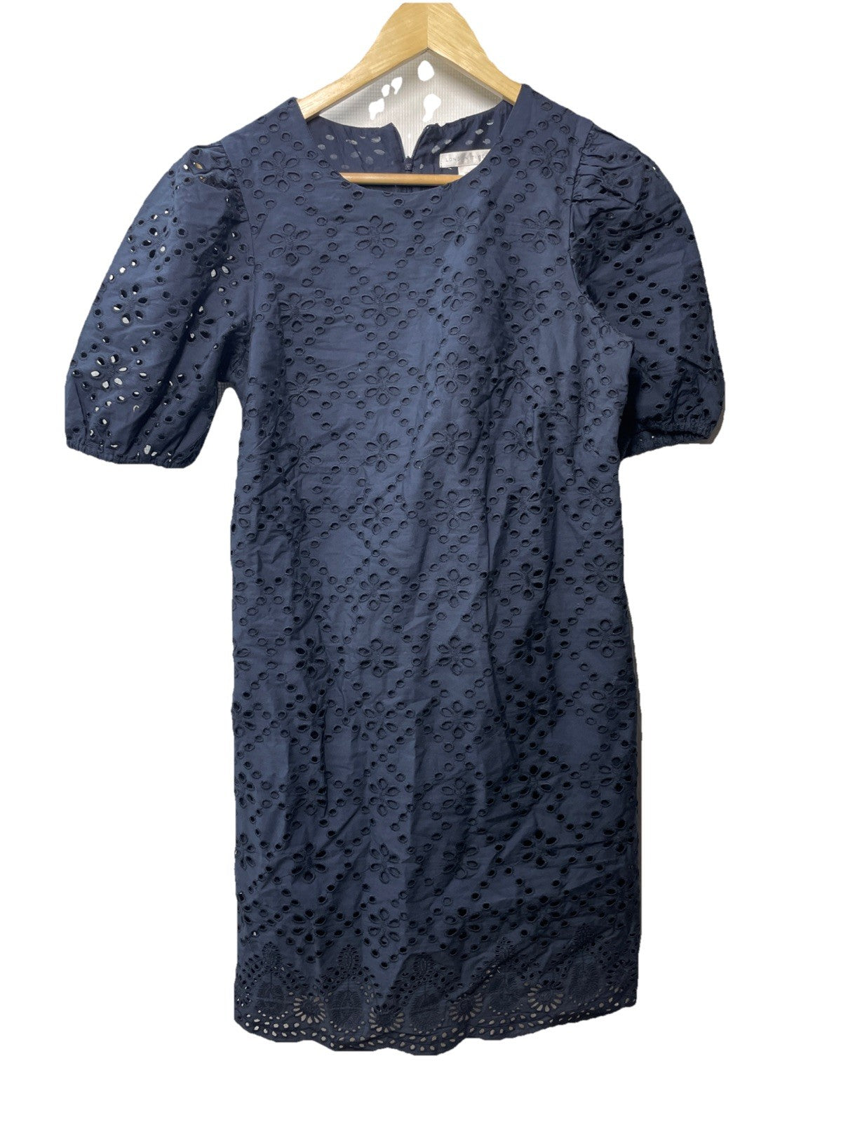 London Times Summer Puff Sleeve Mini Short Cotton Eyelet Women Dress Sz 6 T7424M