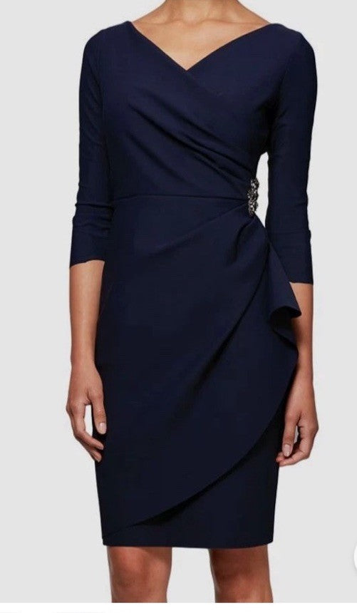 Alex Evenings Women's Rhinestone Side Wide Surplice Sheath Dress 3/4 Sleeve 10