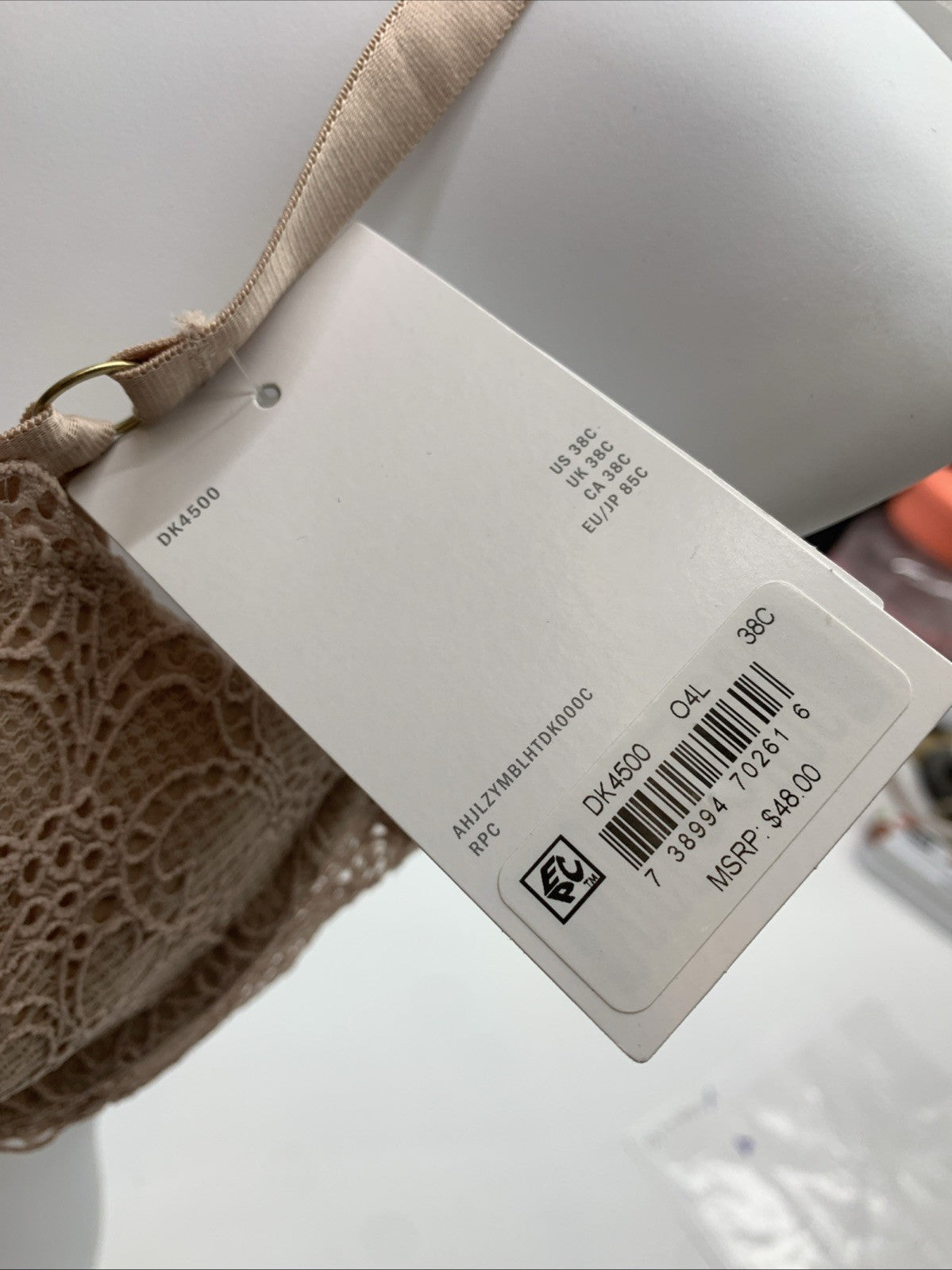 DKNY Superior Lace Balconette Bra Underwire Size 38C Beige DK4500 Lined Cups