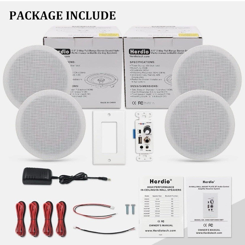 Herdio 6.5'' Bluetooth Ceiling Speakers 600W USB In Wall Amplifier Receiver 4pk