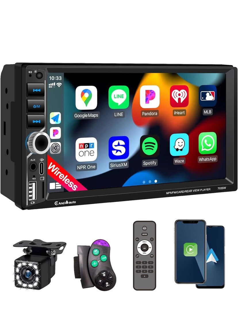 7' Digital Screen Wireless Apple CarPlay Double Din Car Stereo Player 7035W-Play