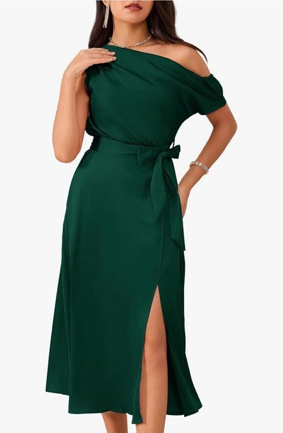 GRACE KARIN Sleeveless One Shoulder Midi Cocktail Party Dress Small Green Flowy