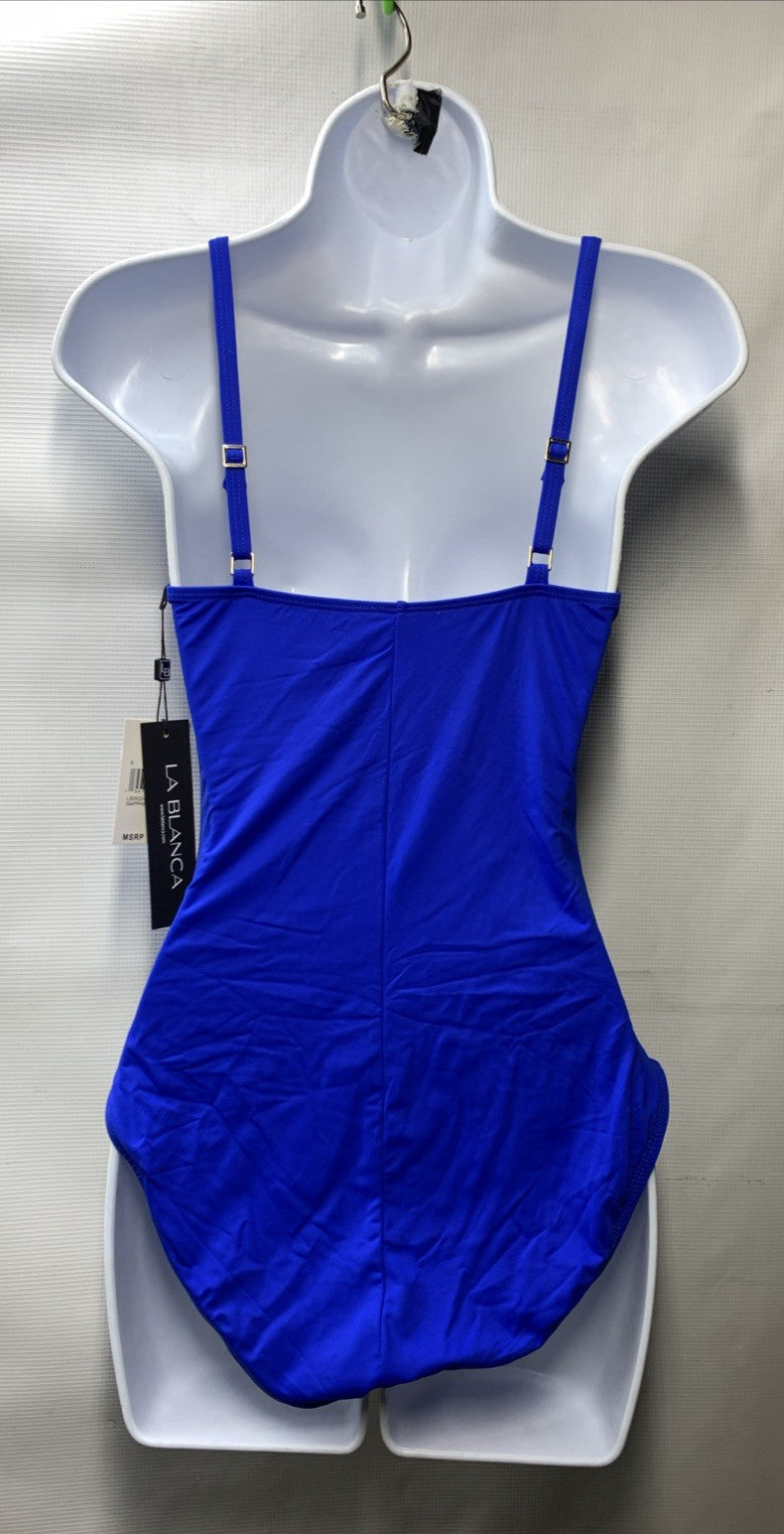 La Blanca Sapphire Island Goddess one-piece swimsuit in size 8 featuring a vibrant blue color and elegant design for women.