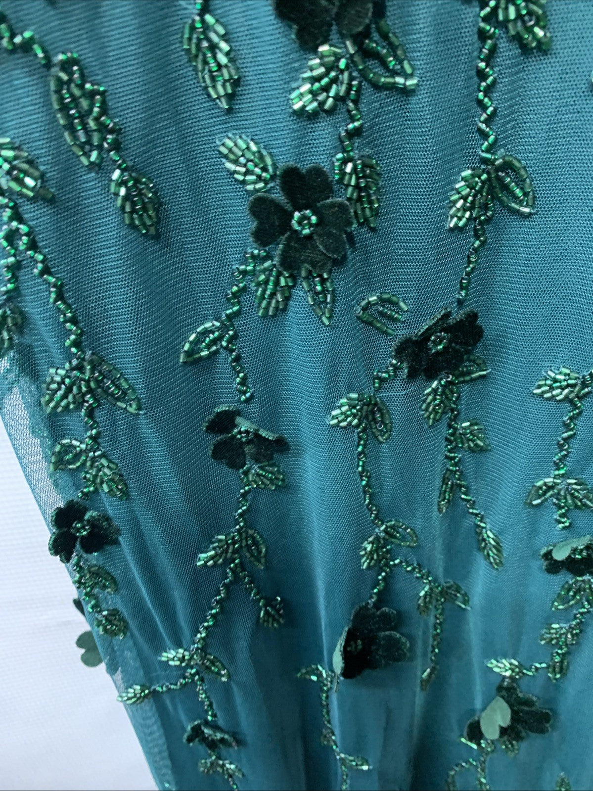 Adrianna Papell Women's Green Beaded Floral Gown Dress Sleeveless V-neck Size 12