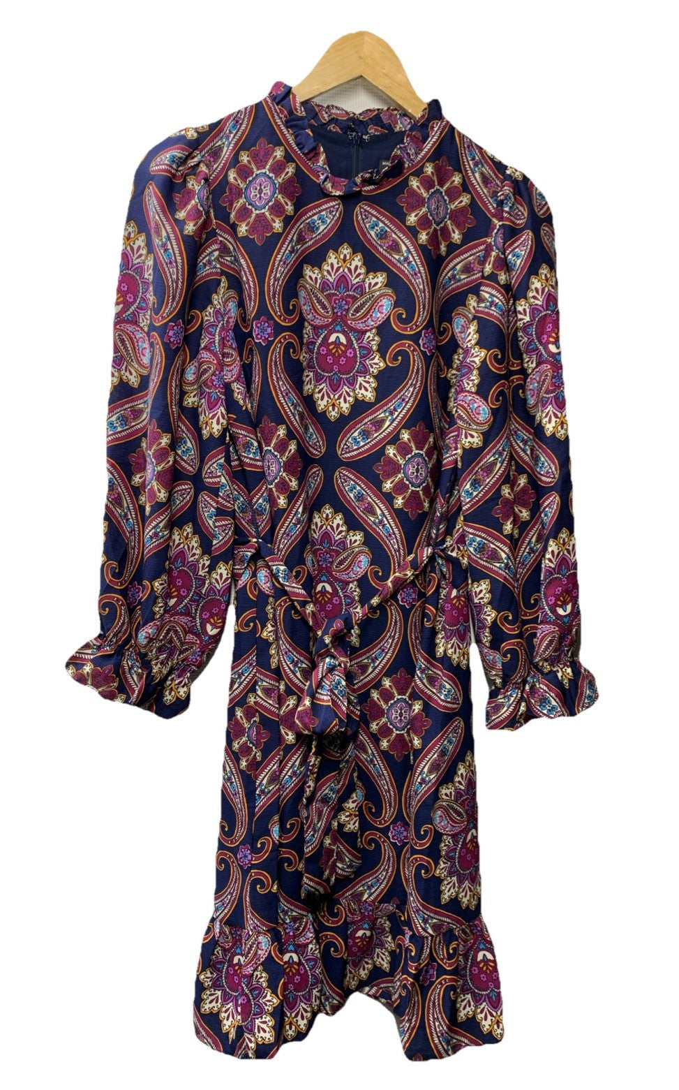 Maggy London women's long sleeve ruffle mock neck dress with waist tie, size 8, in elegant fabric with feminine ruffle details.