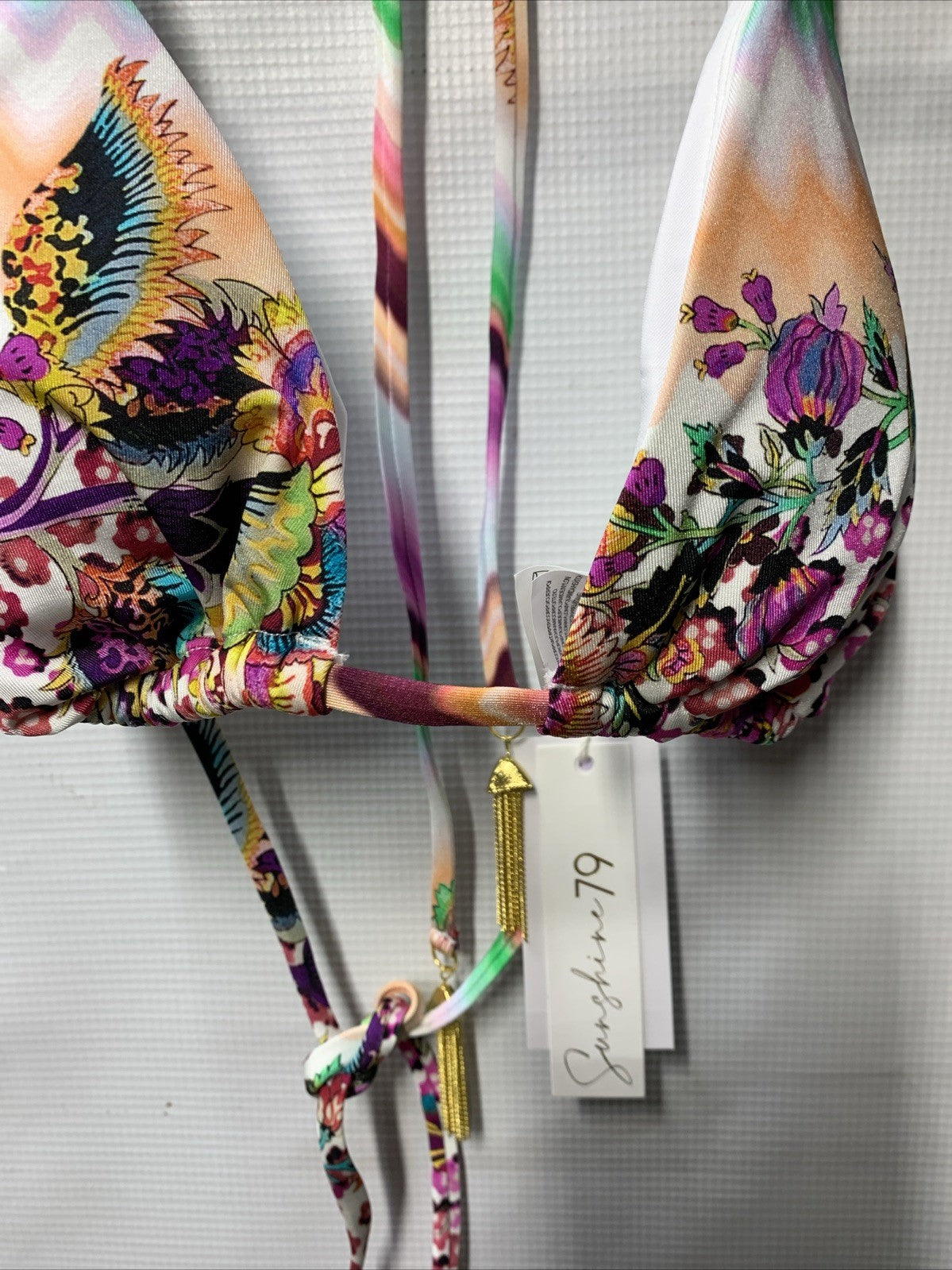 Sunshine 79 Women's Triangle Halter Bikini Swimsuit Top Sz 8 Tie Back Floral Mix