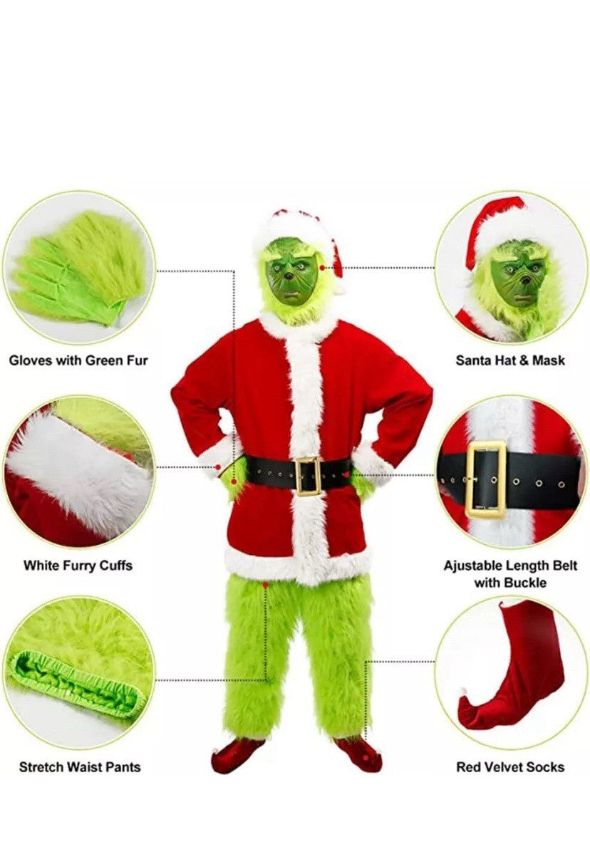 Men's Deluxe The Grinch Costume Suit 7pc Christmas Adult Santa Claus Mask Small