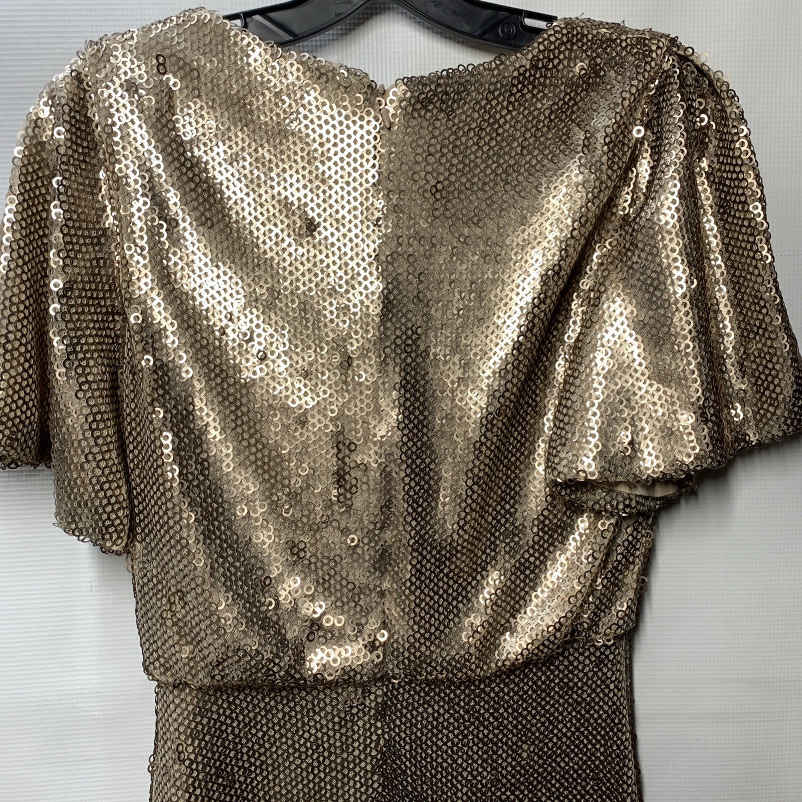 MONIQUE LHUILLIER ML Gold Sequin Embellished Flounce Dress Size 2 Short Sleeve