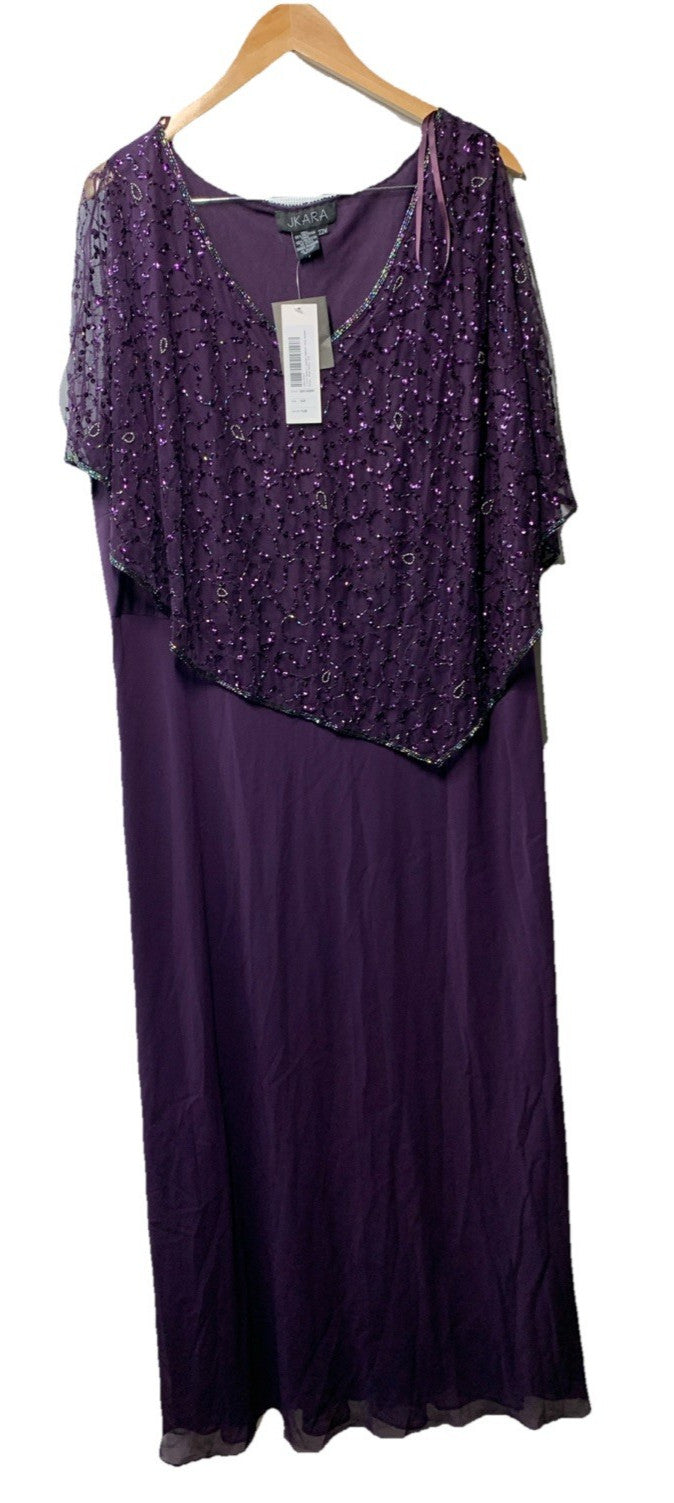J Kara Sequin Capelet Long Beaded Dress V-neck Pull On Size 22W Purple