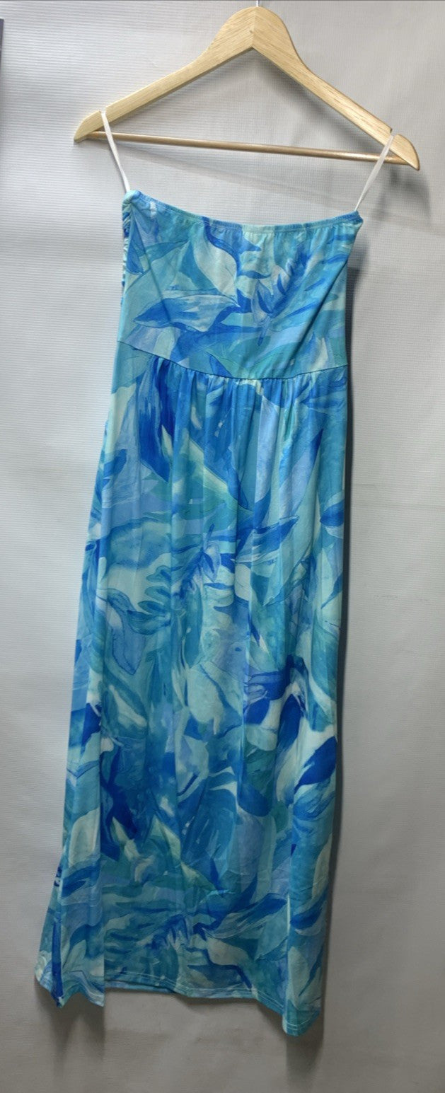 GRACE KARIN Women Strapless Casual Loose Ruched Long Maxi Dress Size S Blue