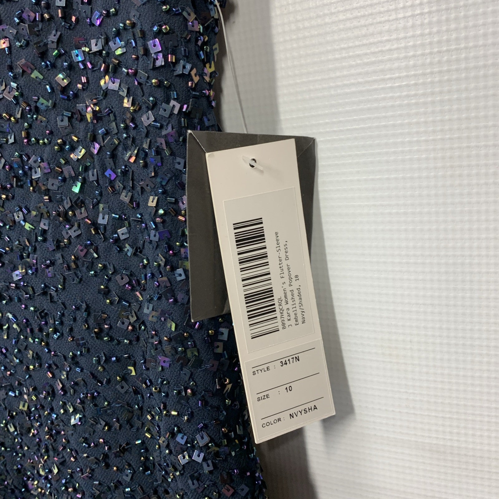 J Kara Women's Size 10 Flutter-Sleeve Embellished Popover Dress Navy (669) 3417N