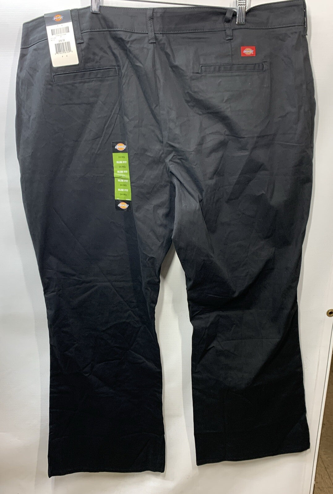 Dickies women's flat front stretch twill long pants in desert black, size 24 regular, casual women's clothing with a comfortable fit.