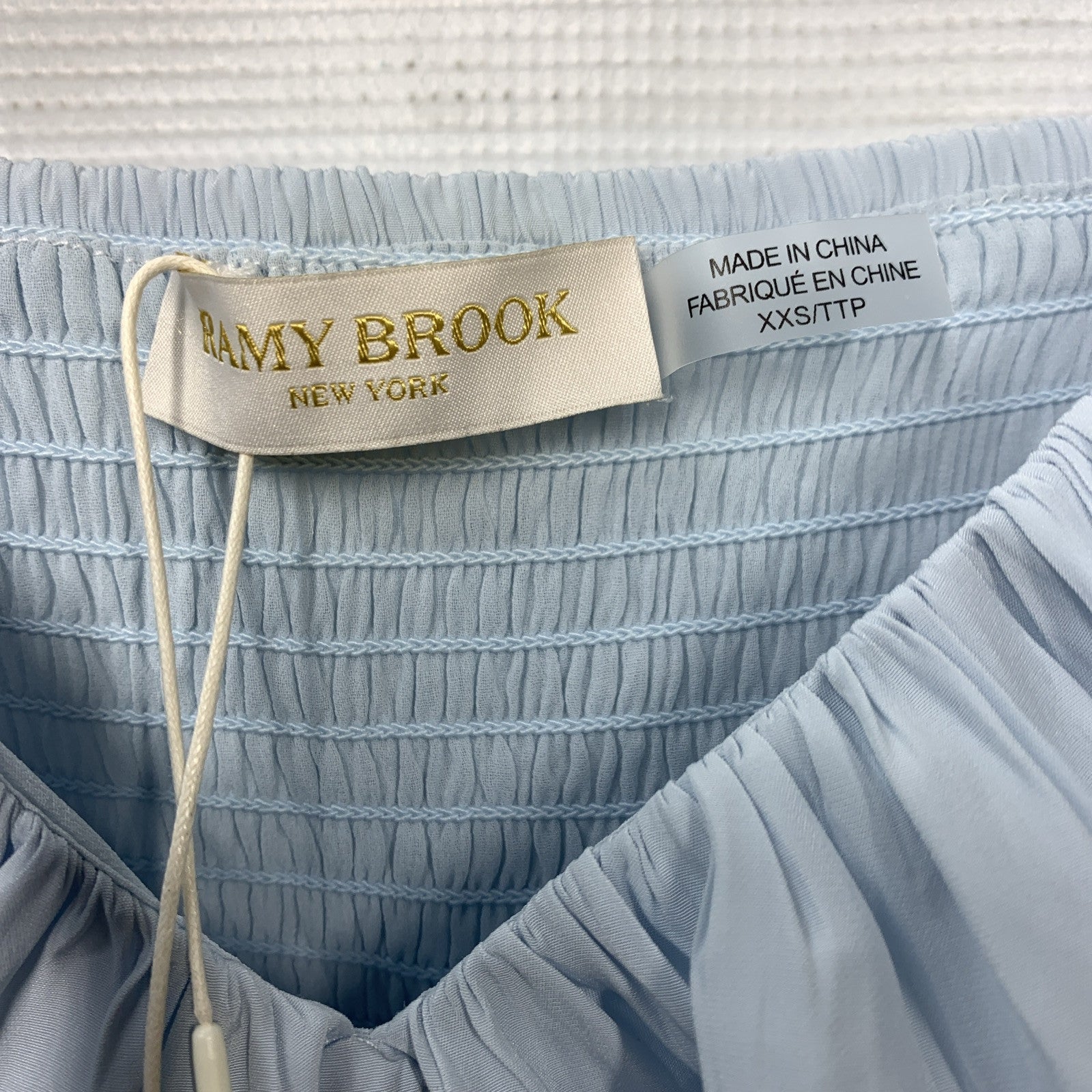 Ramy Brook Dress Satin Tiered Ruffle Baby Blue Nelly Smocked Dress XXS V-Neck