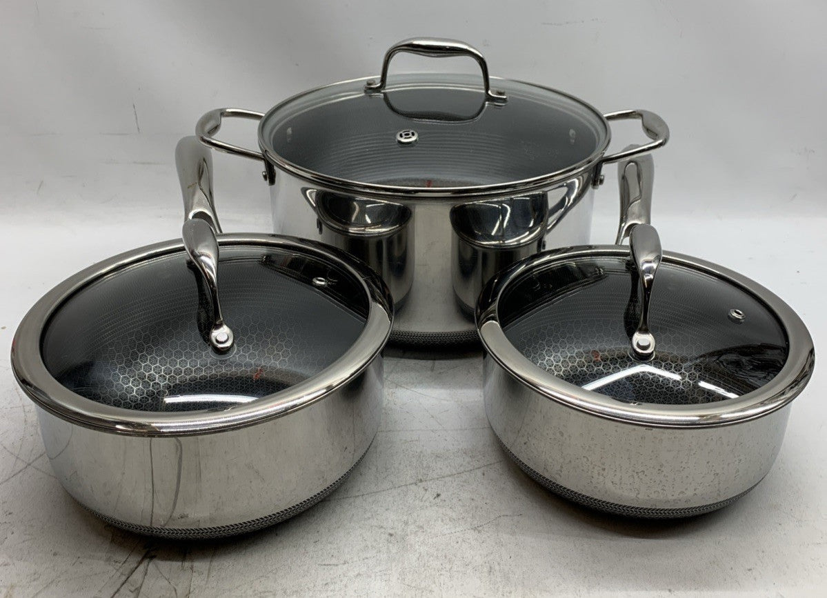 HexClad Hybrid Nonstick 6-Piece Pot Set 8, 3 and 2 Quart with Cover Lids - USED