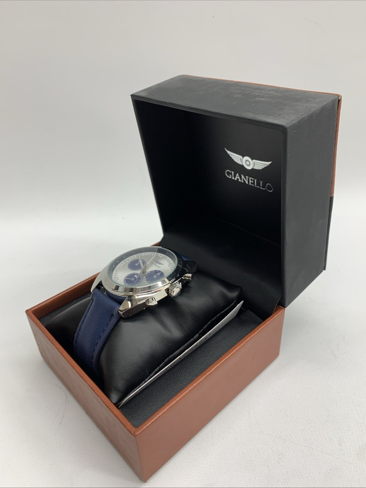 Gianello Mens GNL7731SS Tri Faux Chrono Blue Case Blue Strap Watch NEEDS BATTERY