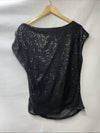 Black women's one-shoulder sequin top by Grace Karin, sparkly asymmetrical style, size L, stylish evening or party wear.