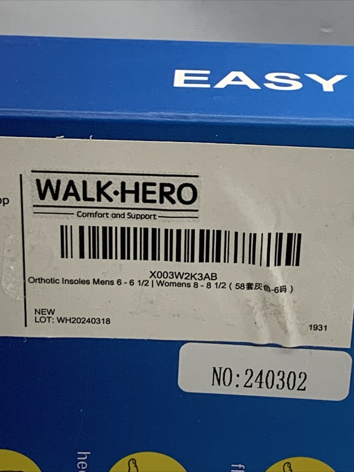 Walk Hero Medical Orthotic Insoles High Arch Support Size M 6-6.5 / F 8-8.5