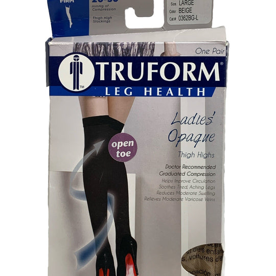 TRUFORM Leg Health 20-30mmHg Opaque Thigh High Stockings Beige Large Open Toe