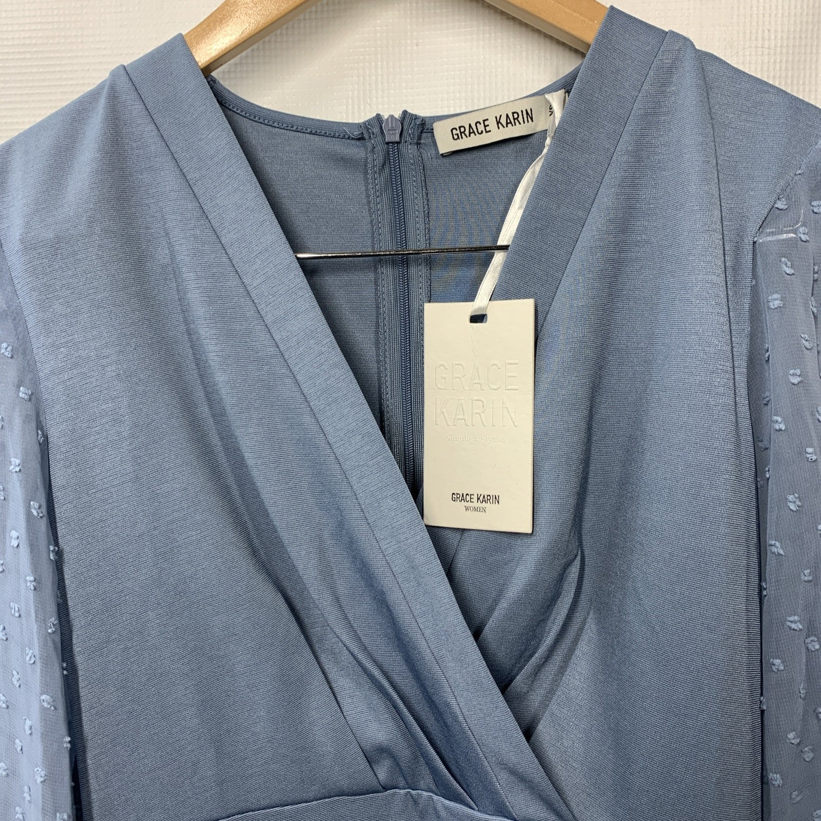 Grace Karin Haze Blue Surplice Clip Dot Long Sleeve Sheath Pencil Dress Size XS