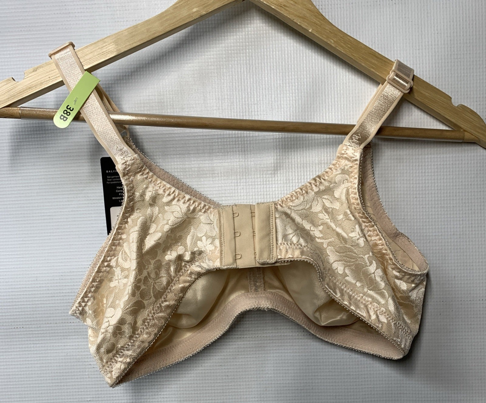 Bali 38B nude wireless lace bra with double support and cool comfort fabric, from The Family Flips women's intimates collection.