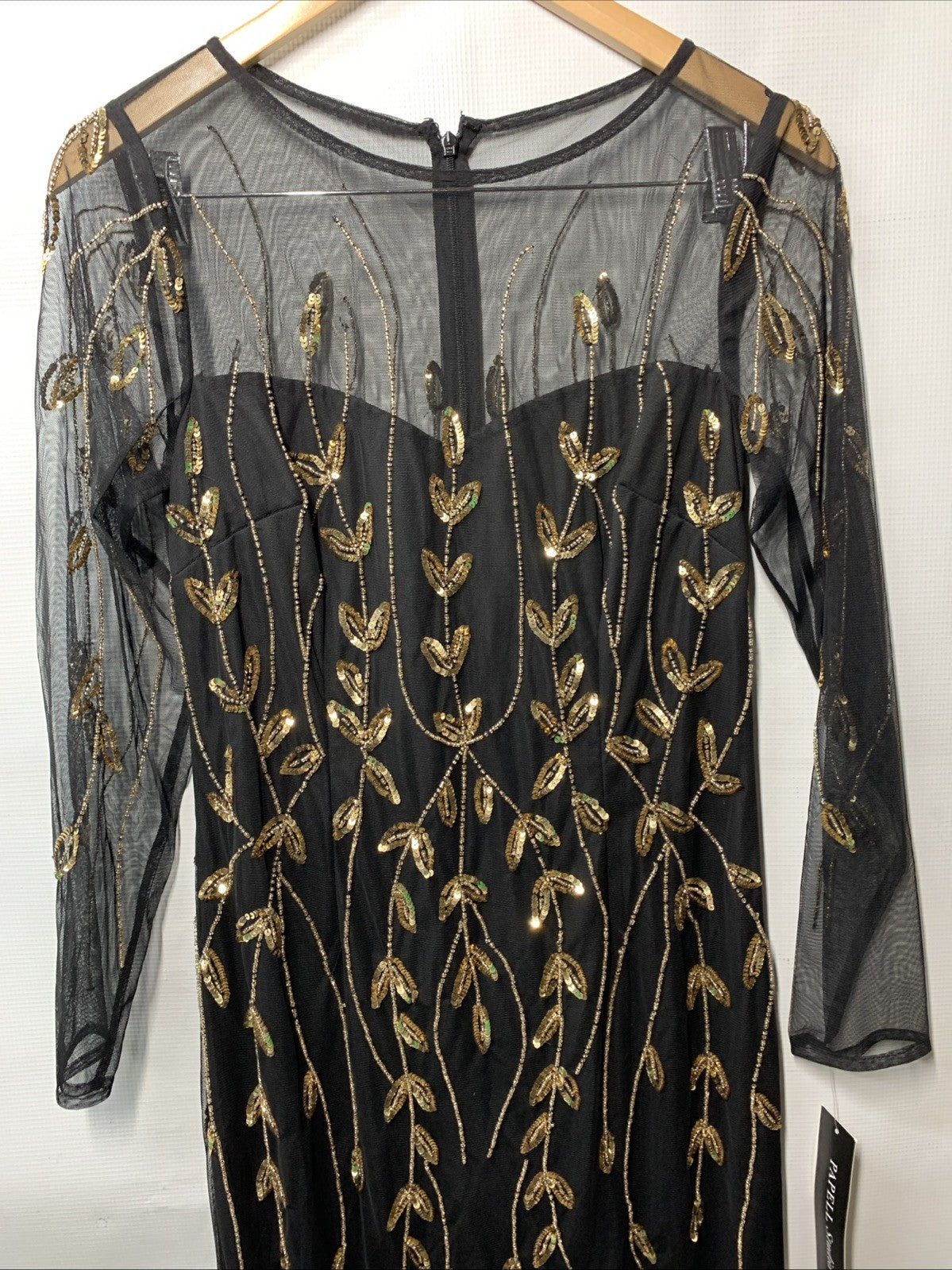 Papell Studio Black Gold Beaded Sequin Long-Sleeve Mesh Dress Cocktail Size 8
