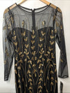 Papell Studio Black Gold Beaded Sequin Long-Sleeve Mesh Dress Cocktail Size 8