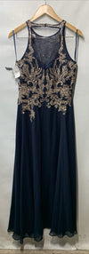 Betsy & Adam Long Sleeveless Halter Metallic Print Wrap Overlay Gown Size 8